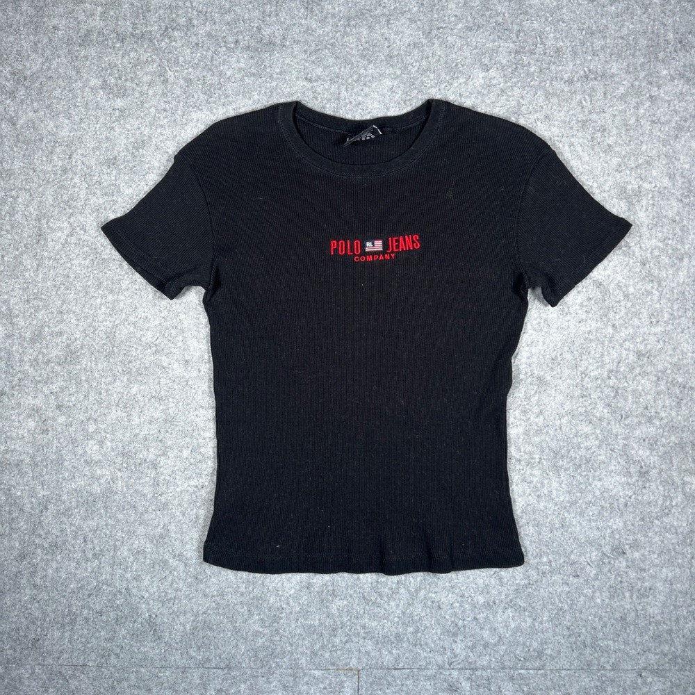 Polo Jeans Co T Shirt Womens Large Black Ribbed Baby Tee 90s Ralph Lauren